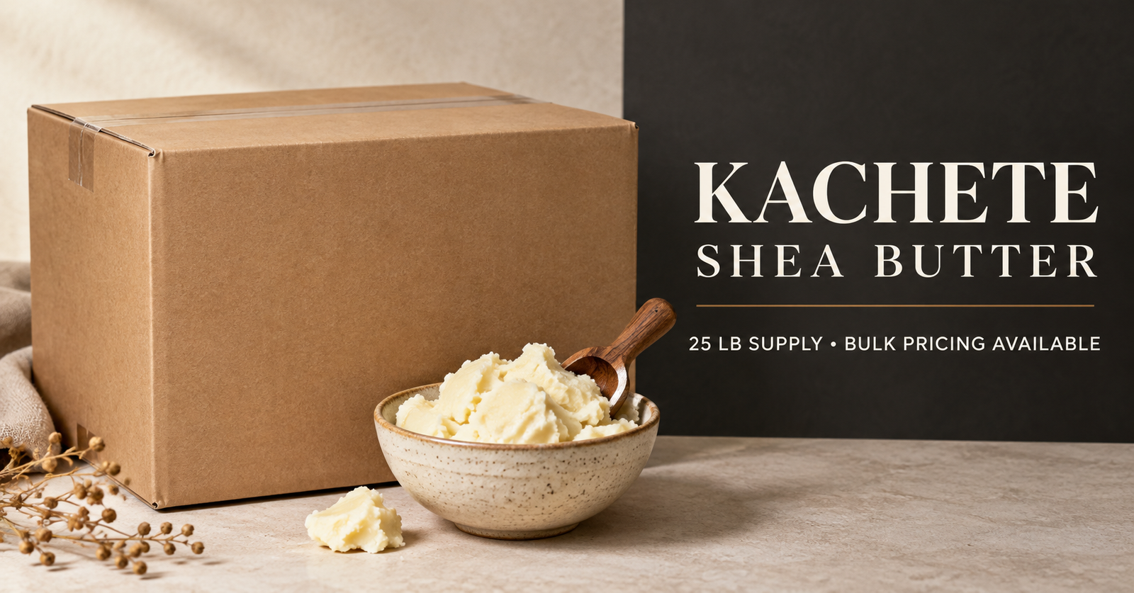 A kraft 25 lb supply box beside a bowl of pale shea butter